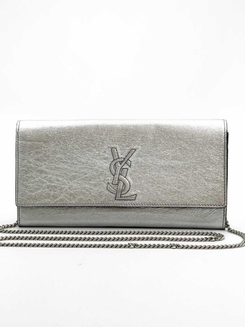 Saint Laurent YSL Silver Metallic Leather Chain Wallet Clutch Crossbody Bag